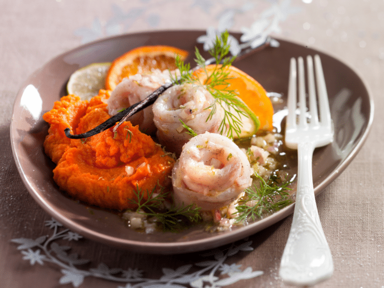 recette de roulés de soles à la vanille, aux agrumes et purée de potiron