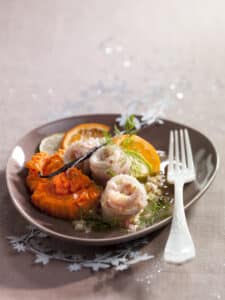recette de roulés de soles à la vanille, aux agrumes et purée de potiron